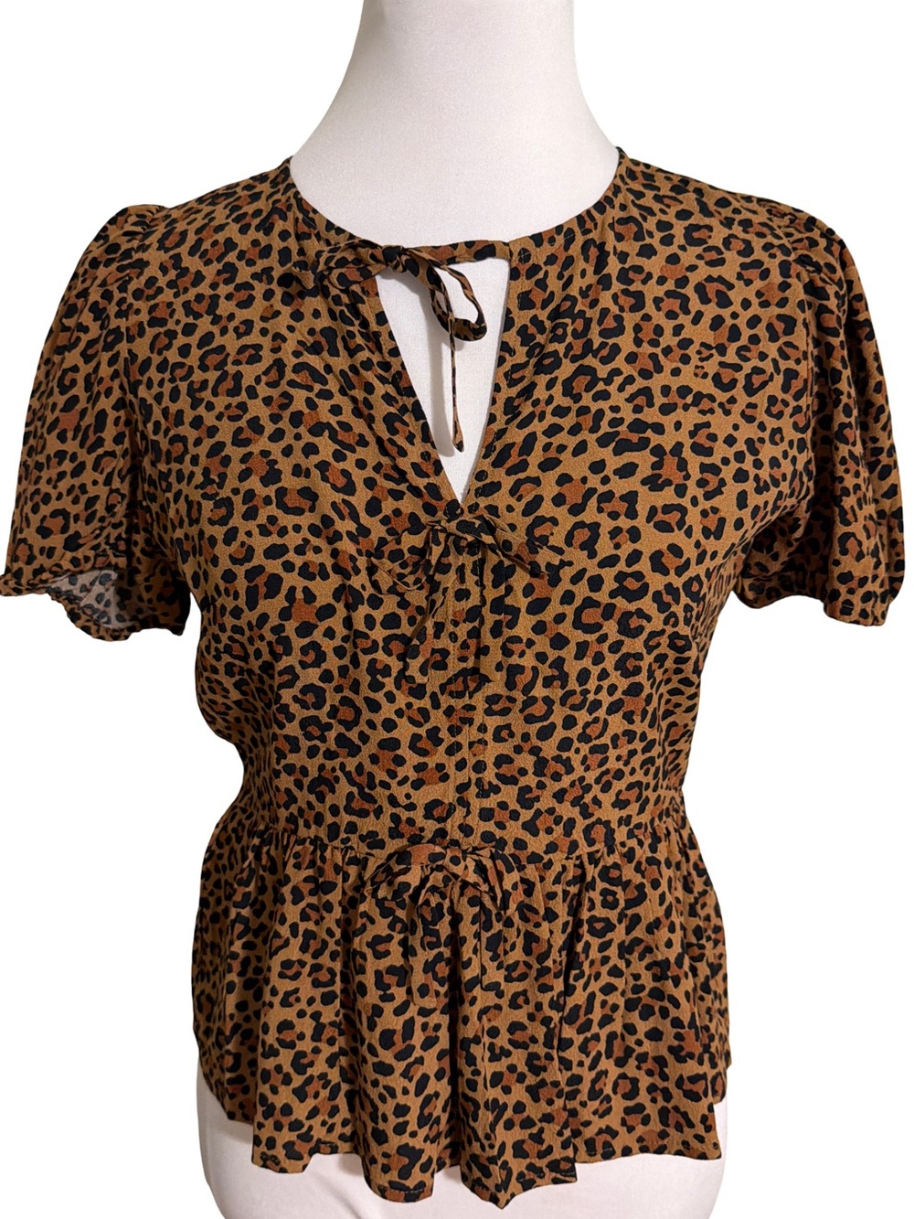 J. Crew Leopard Tie Neck Peplum Blouse Brown Black